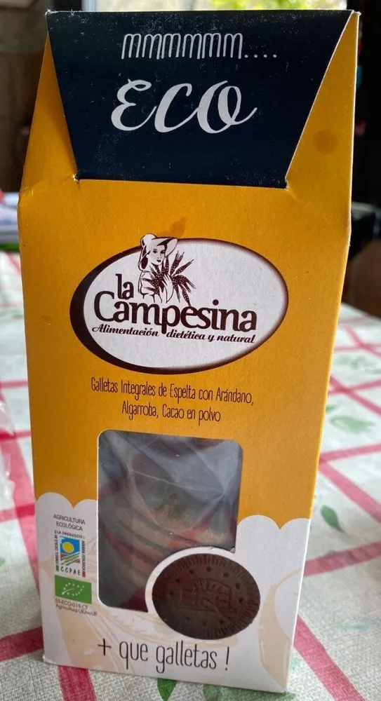Galletas integrales de espelta con arandano, algarroba, cacao en polvo