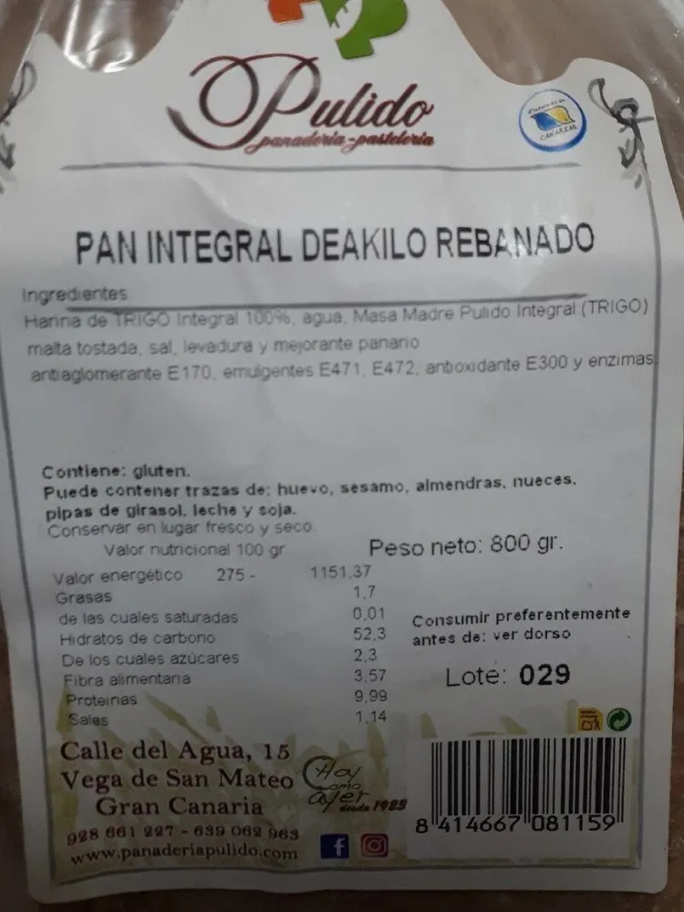 Pan integral deakilo rebanado