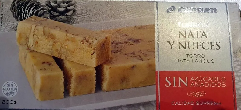 Turrón nata y nueces 0% azúcares añadidos