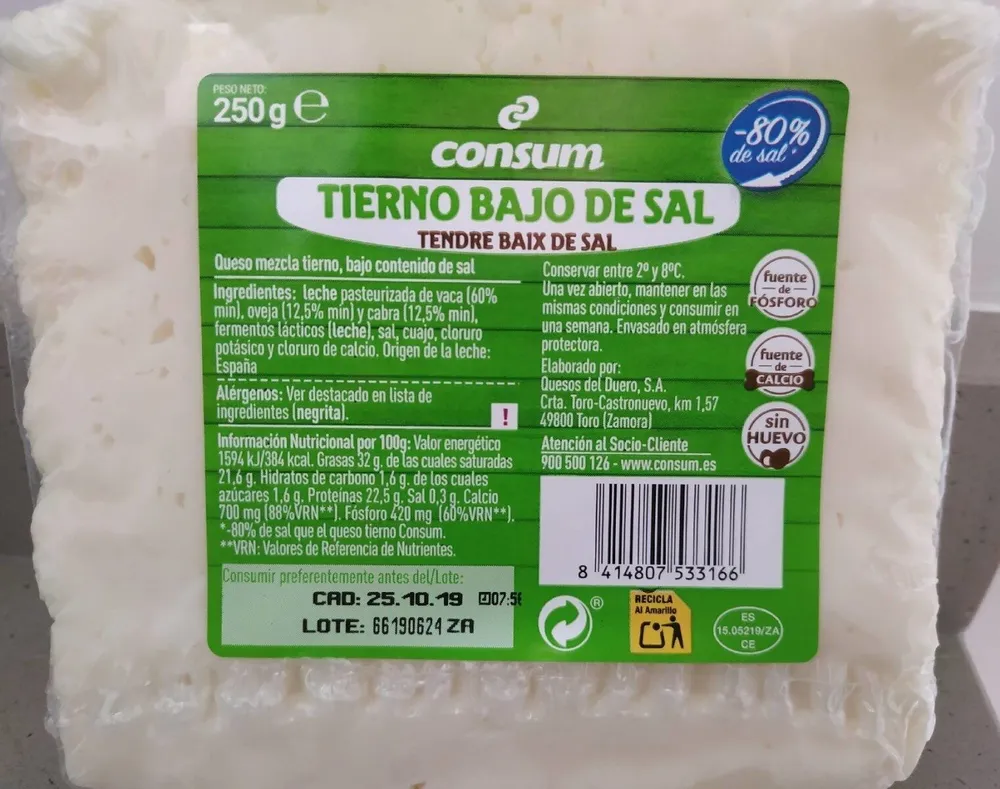 Queso tierno bajo en sal