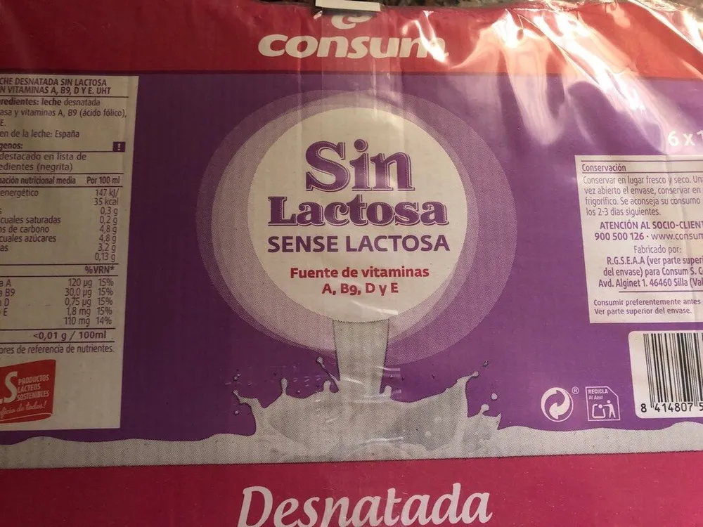 Leche desnatada sin lactosa