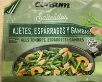 Salteado de ajetes, espárragos y gambas
