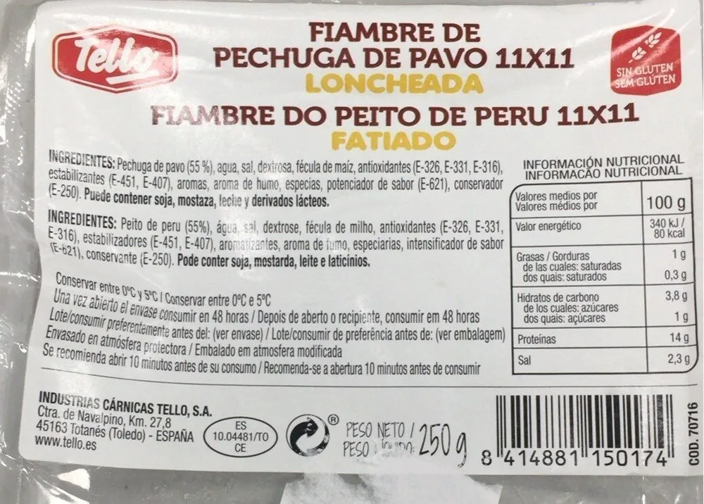 Fiambre de pechuga de pavo 11x11 loncheada
