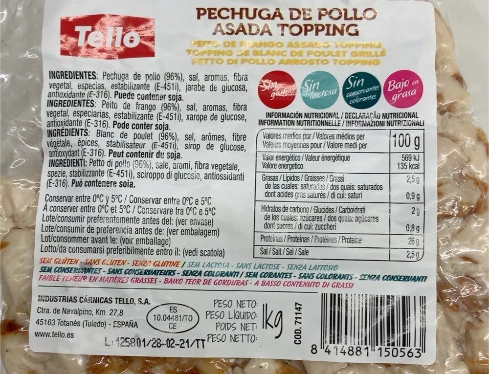 Pechuga de pollo asada topping