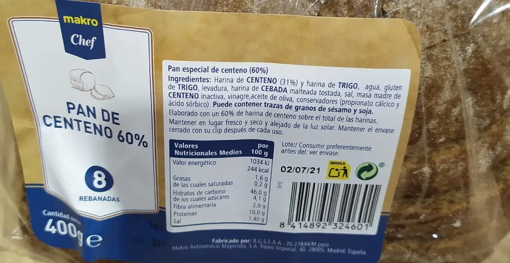 Pan de centeno 60%