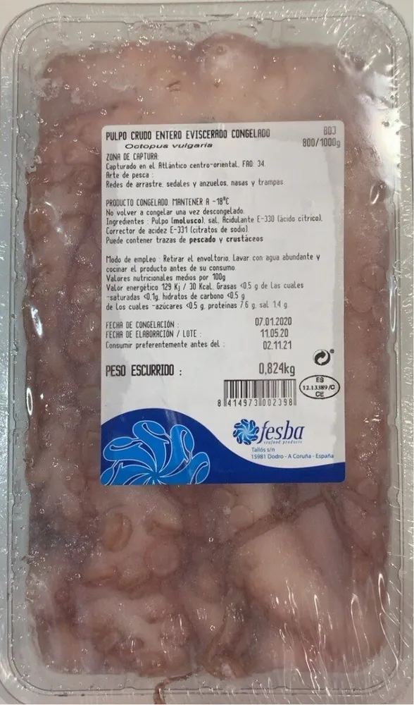 Pulpo Crudo Entero Congelado