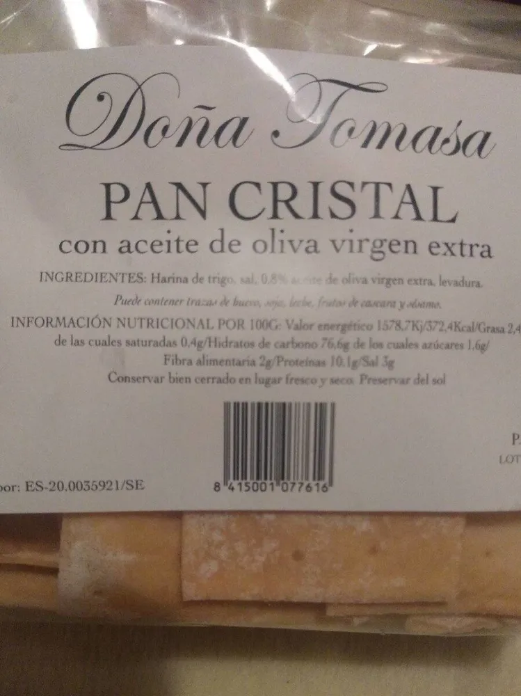 Pan Cristal con aceite de oliva virgen extra.