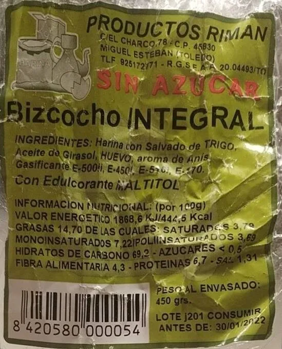 Bizcocho integral sin azúcar