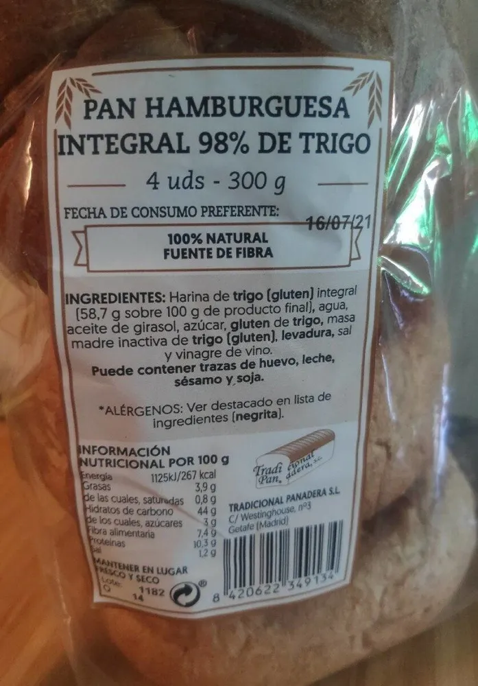 Pan hamburguesa integral 98% de trigo