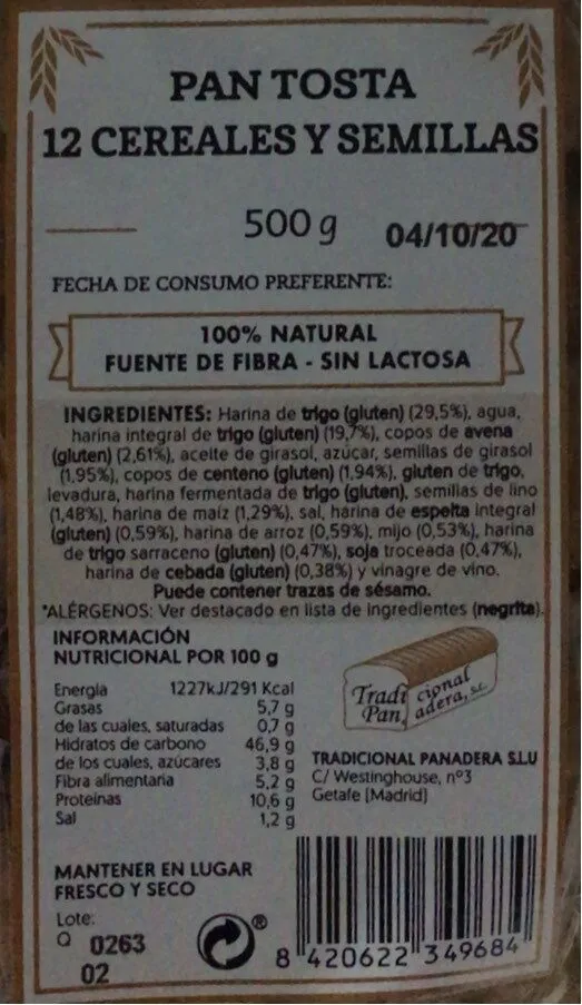 Pan tosta 12 cereales y semillas