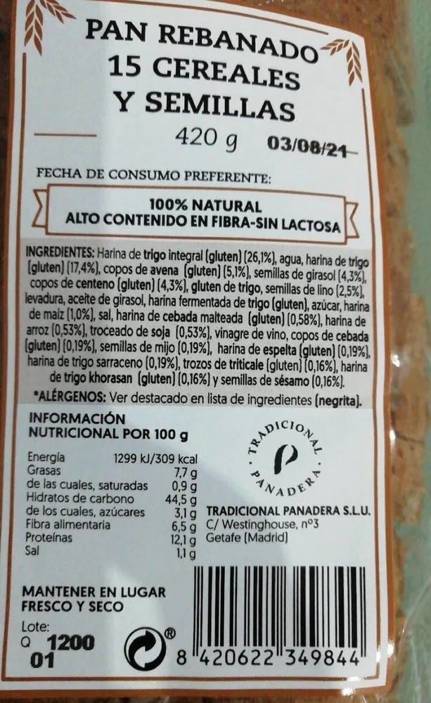 Pan rebanado 15 cereales y semillas