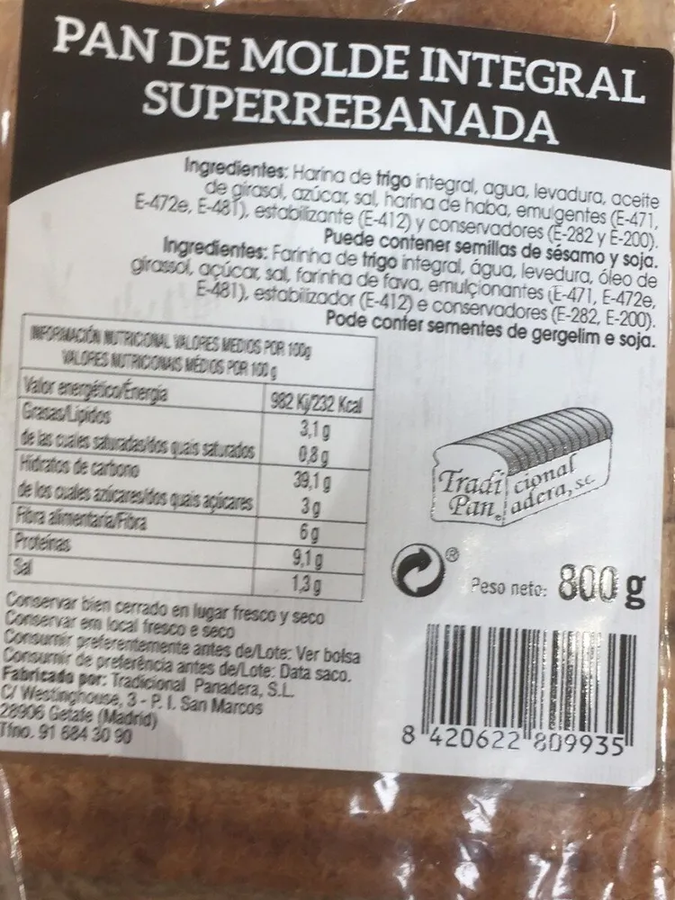 Pan de molde integral superrebanada