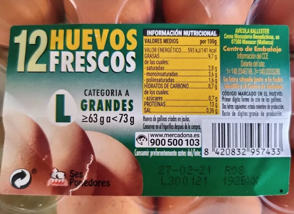 12 Huevos Frescos categoría A (Grandes)