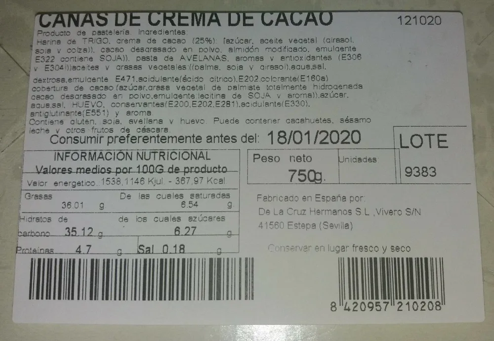 Cañas de crema de cacao