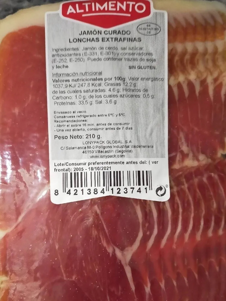 Jamón curado lonchas extrafinas
