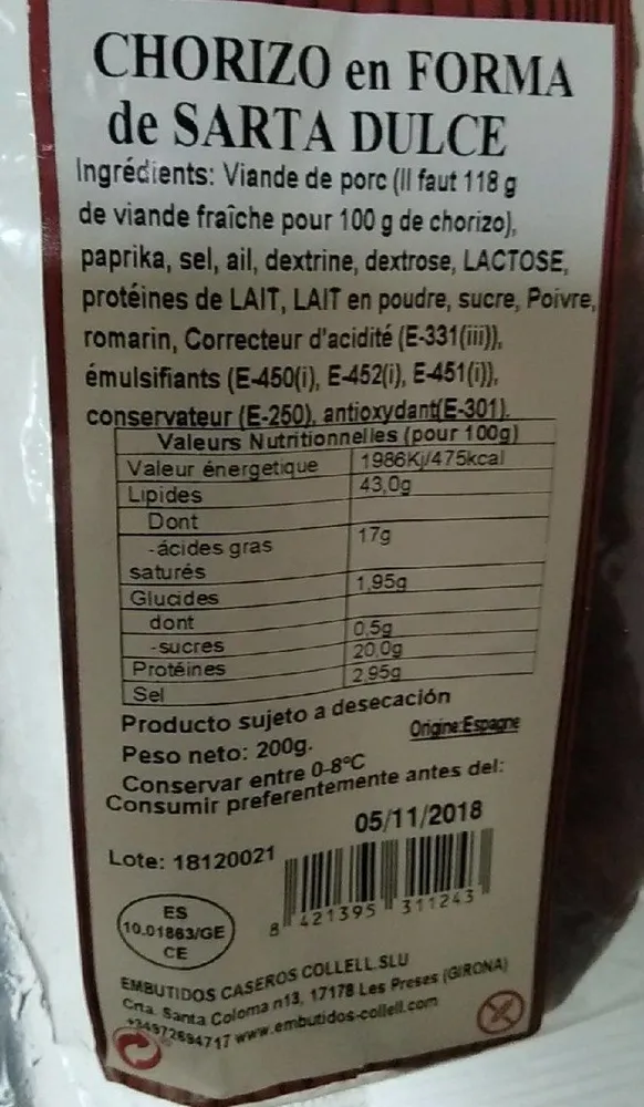 Chorizo en forma de sarta dulce