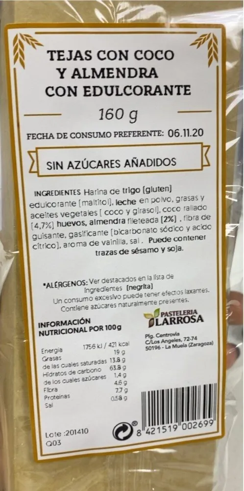 Tejas con coco y almendra con edulcorante