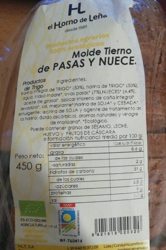 Pan de molde tierno pasas y nueces