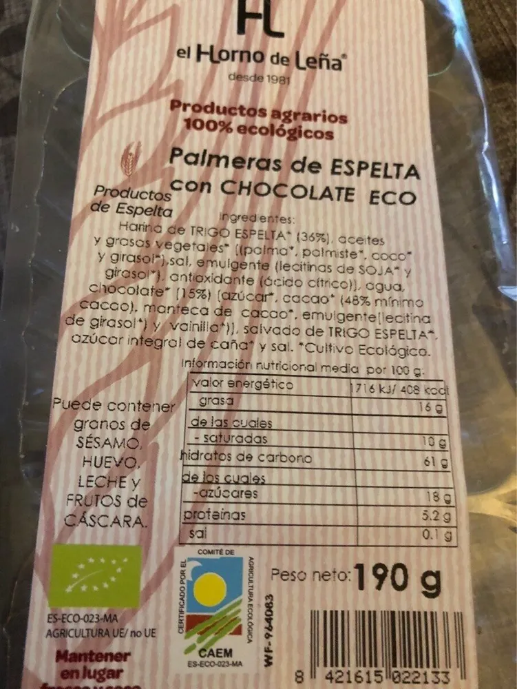 Palmeras de espelta con chocolate eco