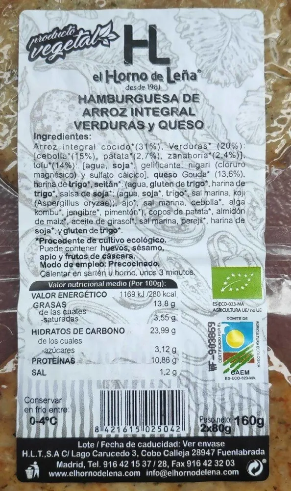 Hamburguesa de arroz integral verduras y queso