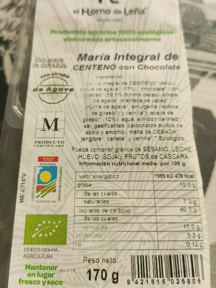 María integral de centeno con chocolate