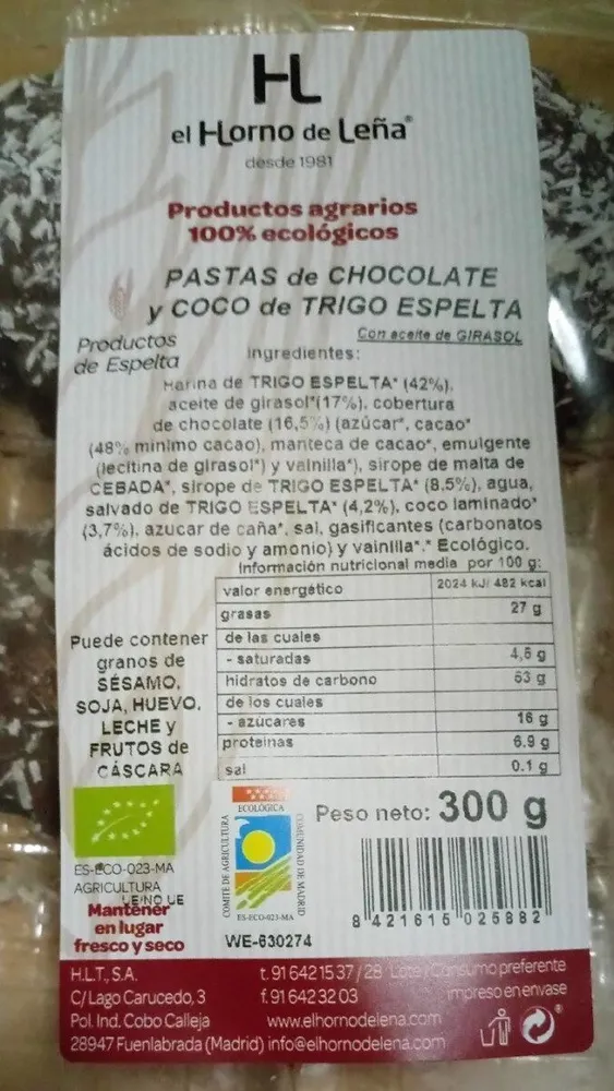 Pastas de chocolate y coco de trigo de espelta