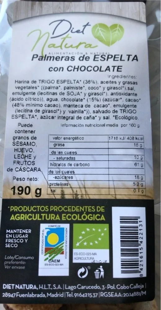 Palmeras de espelta con chocolate