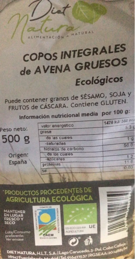 Copos integrales de avena gruesos