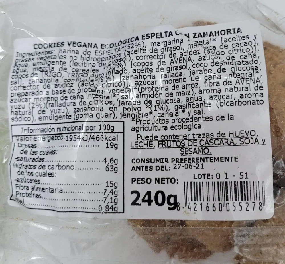 Galletas veganas ecológicas espelta con zanahoria