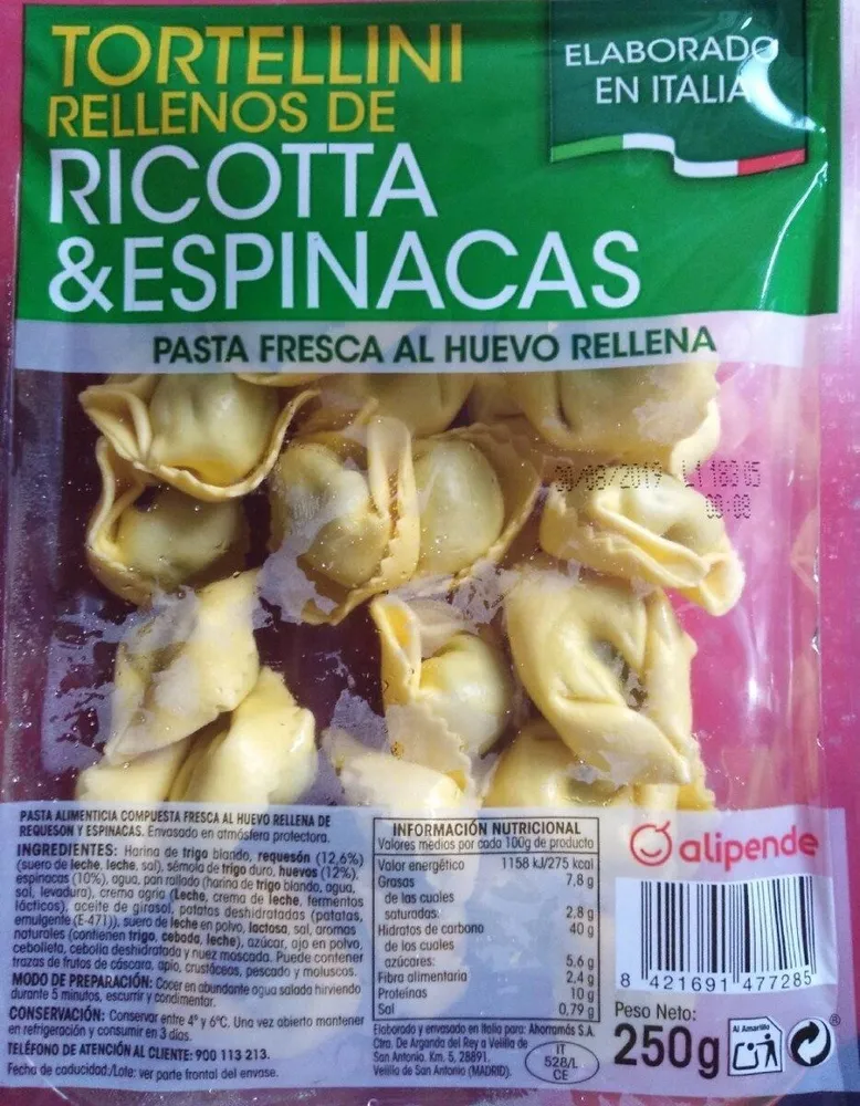 Tortellini rellenos de ricotta y espinacas