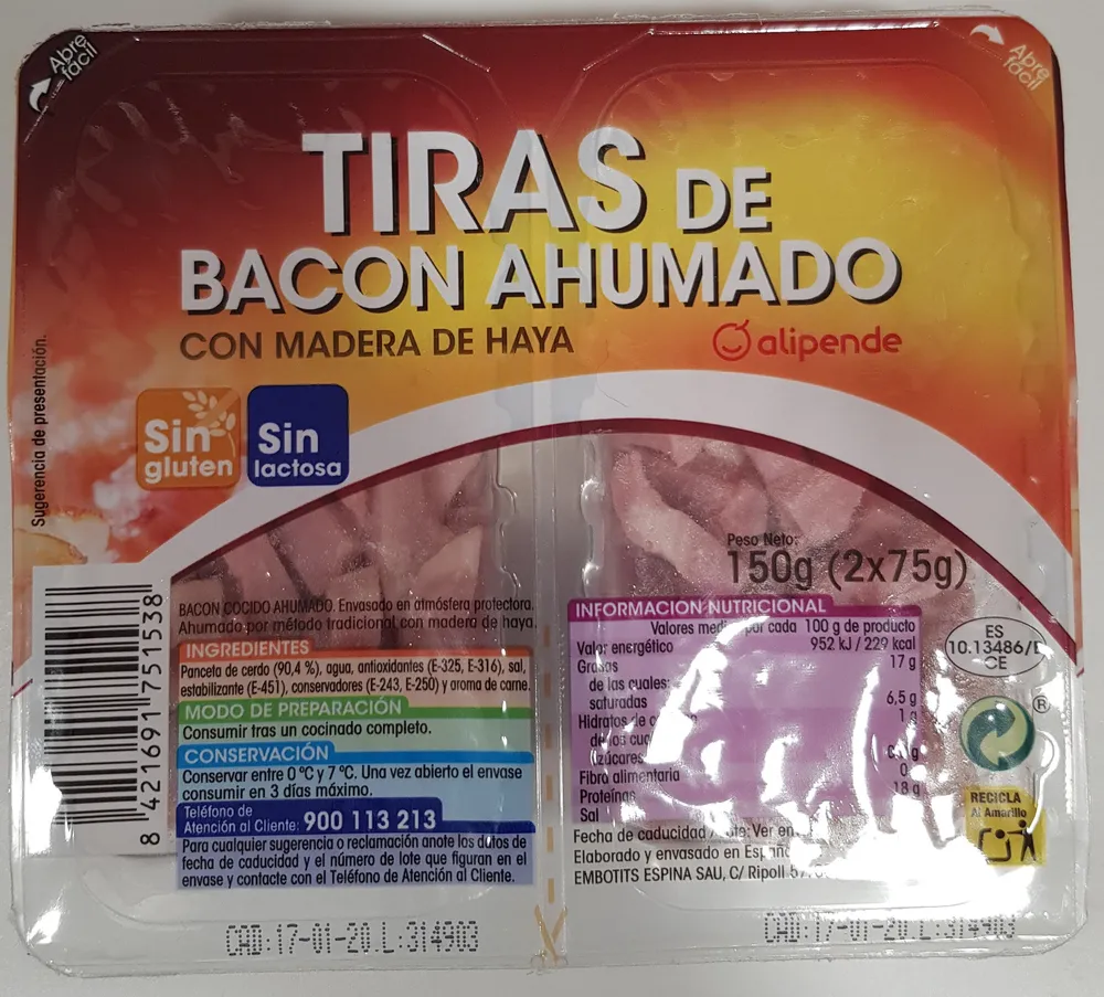 Tiras de bacon ahumado