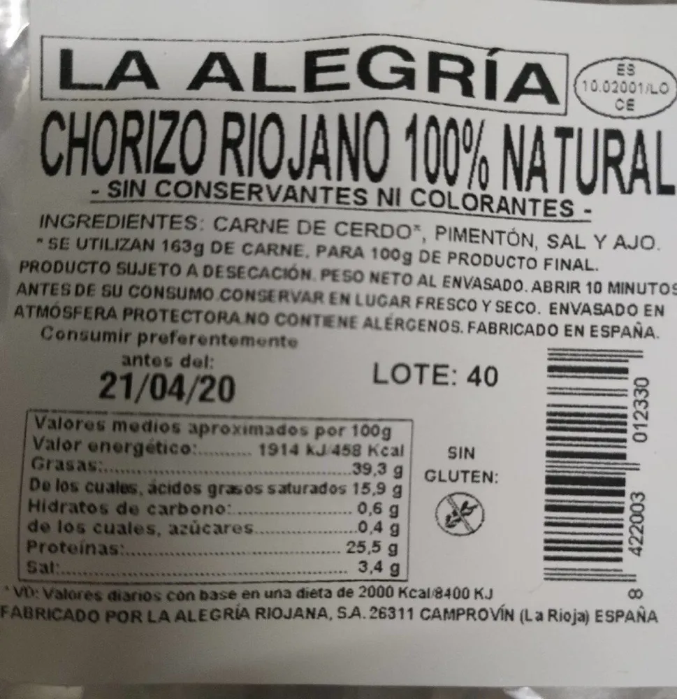 Chorizo riojano 100% natural