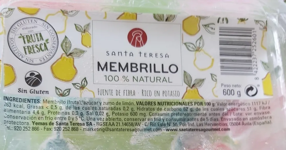 Membrillo artesano sin gluten envase 600 g