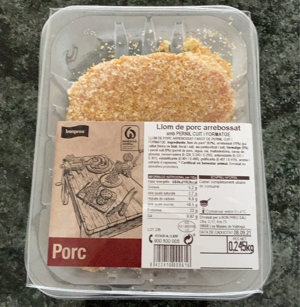 Llom de poc arrebossat amb pernil i formatge