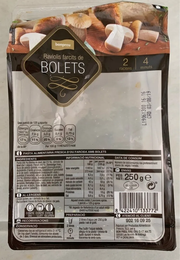 Raviolis farcits de bolets