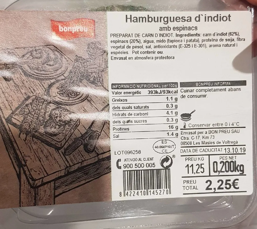Hamburguesa d'indiot amb espinacs