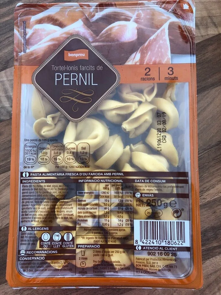 Tortellonis rellenos de jamón
