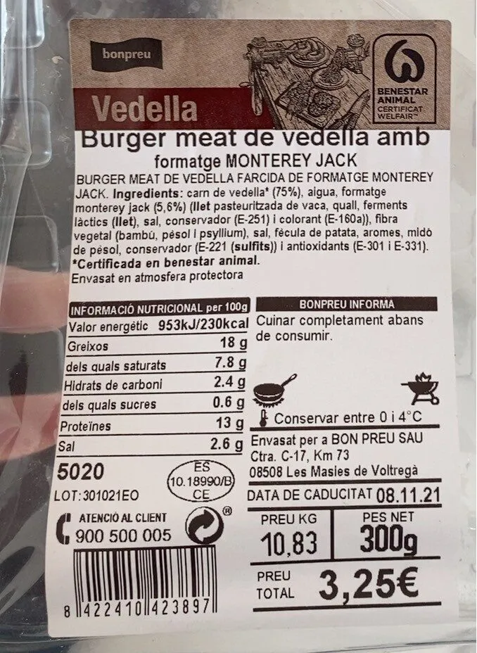 Burget meat de ternera con queso monterey Jack