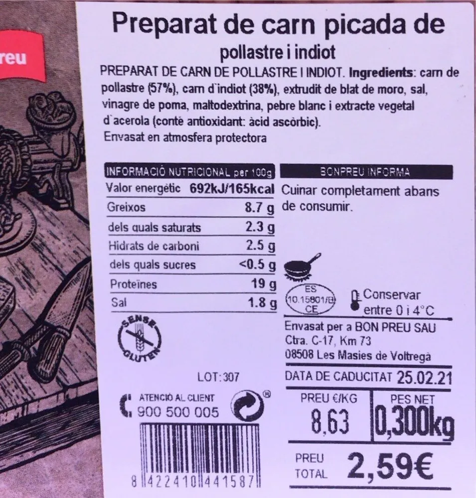 Preparat de carne picada de pollastre y pavo