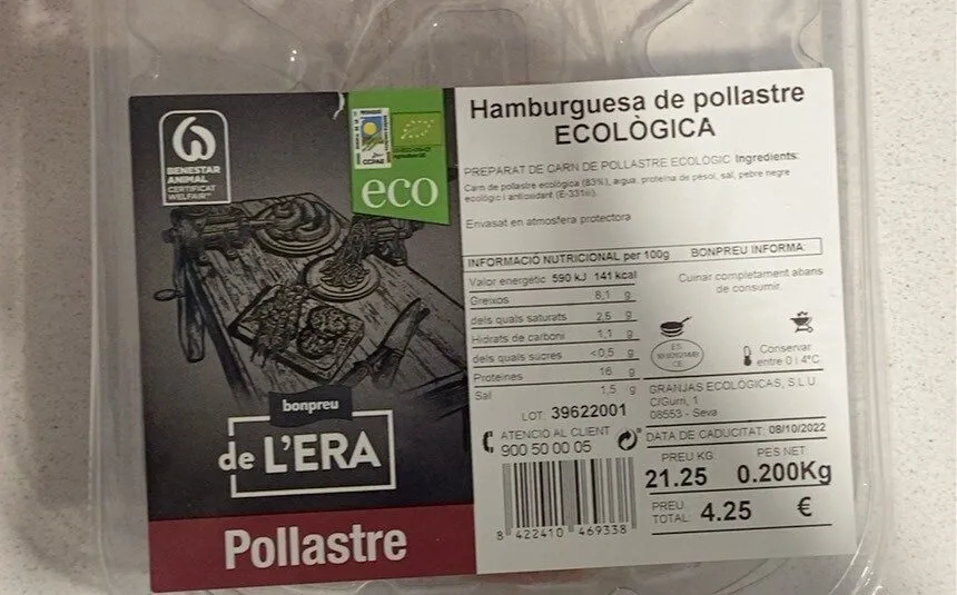 Hamburguesa de pollastre Ecològica