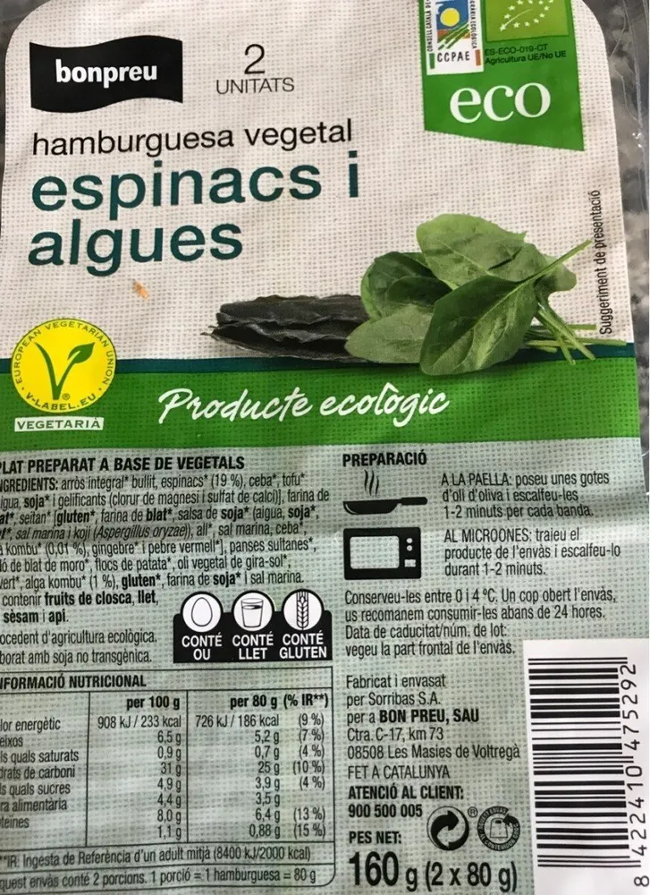 Hamburguesa vegetal espinacs i algues