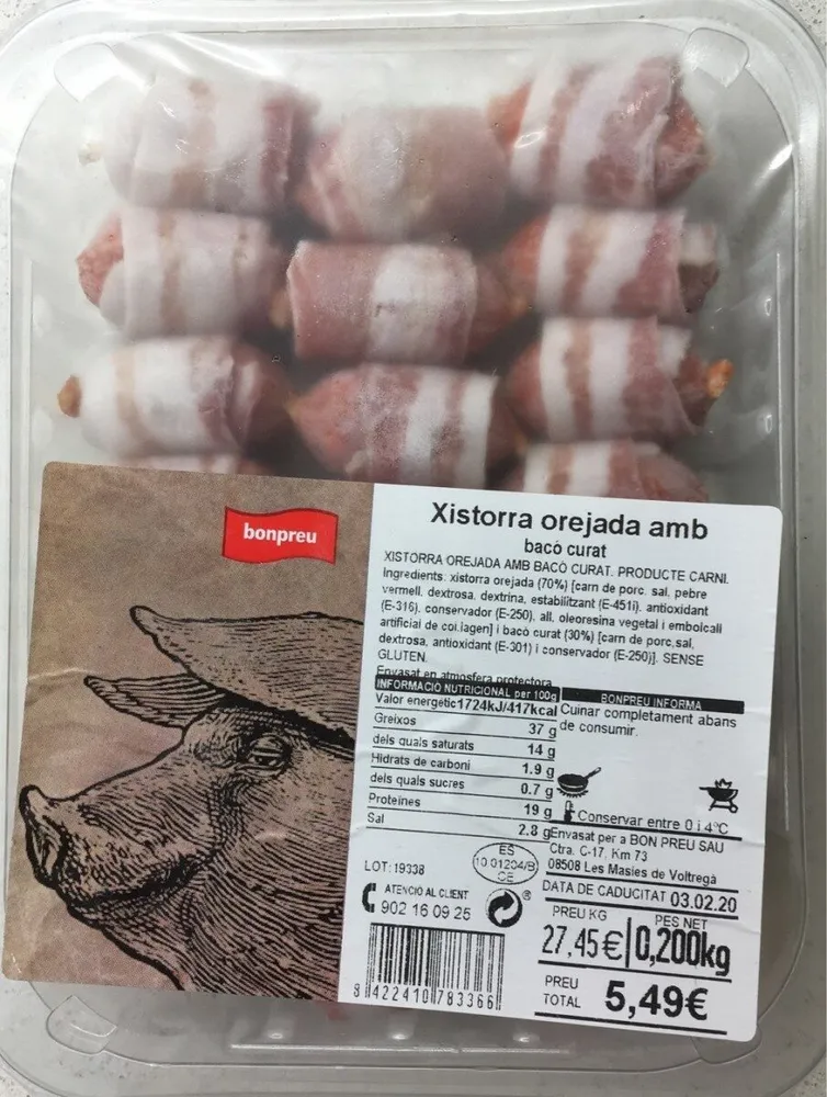 Xistorra orejada amb bacon curado