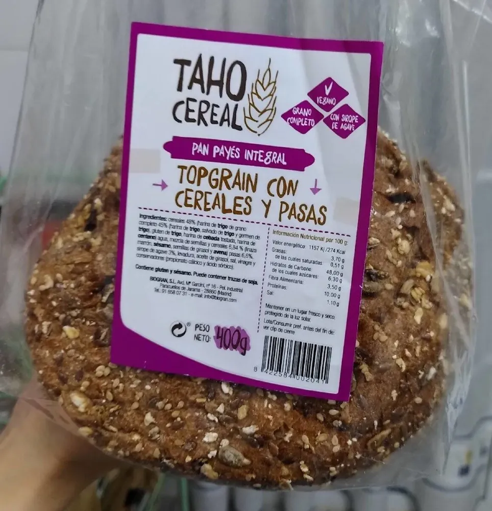 Taho cereal top grain con cereales y pasas