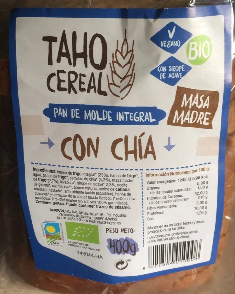 Pan de molde integral con chía ecológico