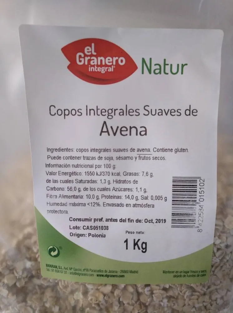 Copos integrales suaves de avena