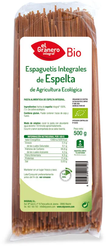 Bio espaguetis de espelta integral de cultivo ecológico