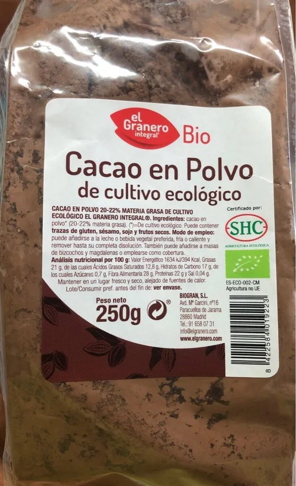 Bio cacao polvo de cultivo ecológico