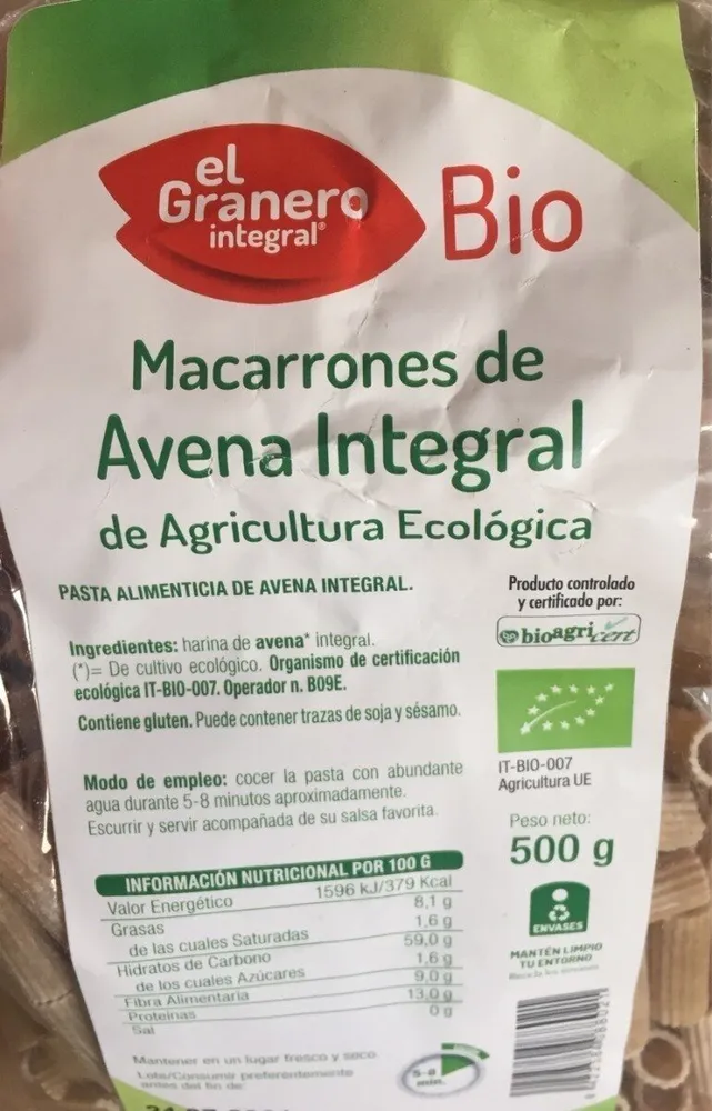 Macarrones avena integral