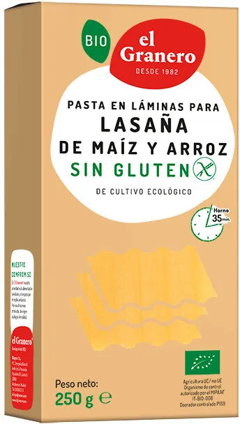 Pasta en láminas para lasaña de maíz y arroz sin gluten