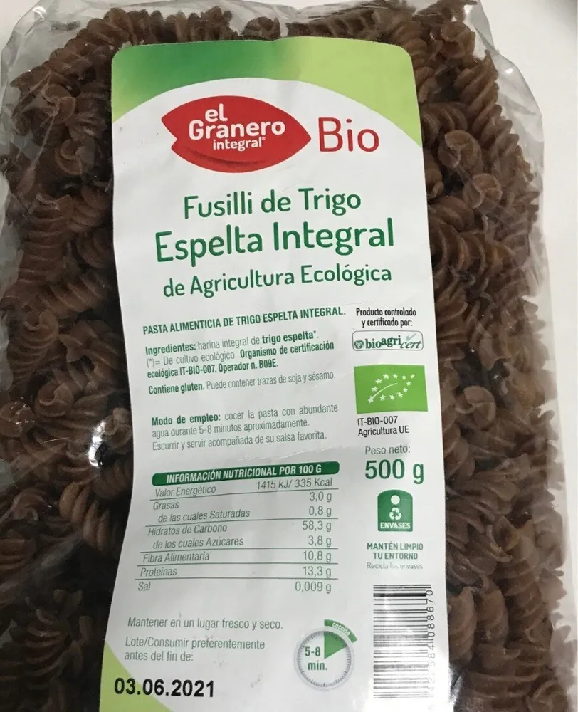 Fusilli de trigo espelta integral